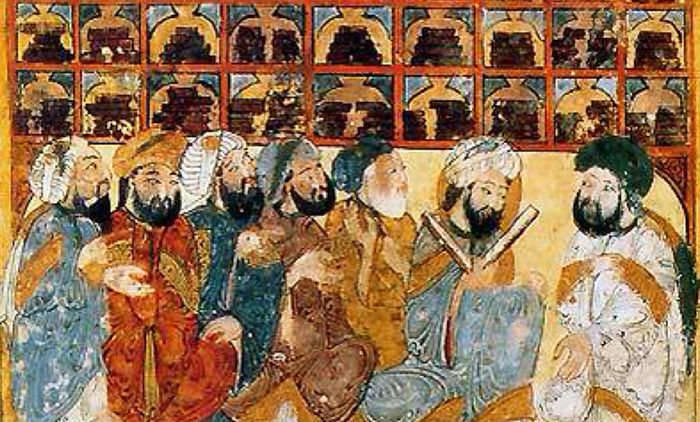 Scholars in a library from the Maqama of Hariri manuscript. <em>Courtesy Bibliotheque Nationale/Wikipedia</em>
